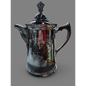 Victorian Silverplate Water Pitcher Floral & Lion